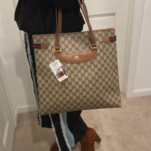 GUCCI 1970's Accessories Collection coated canvas/leather/webbing large tote bag - Picture 4 of 17